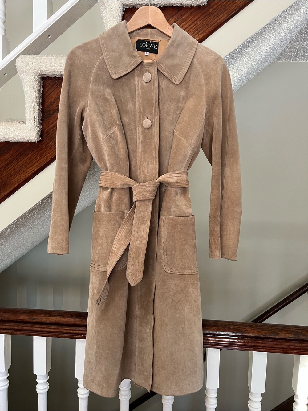Vintage Loewe Camel Suede Trench Coat – Long Classic Style